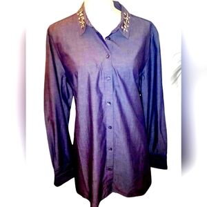 ANN TAYLOR Chambray blue gem collar long sleeve button down top